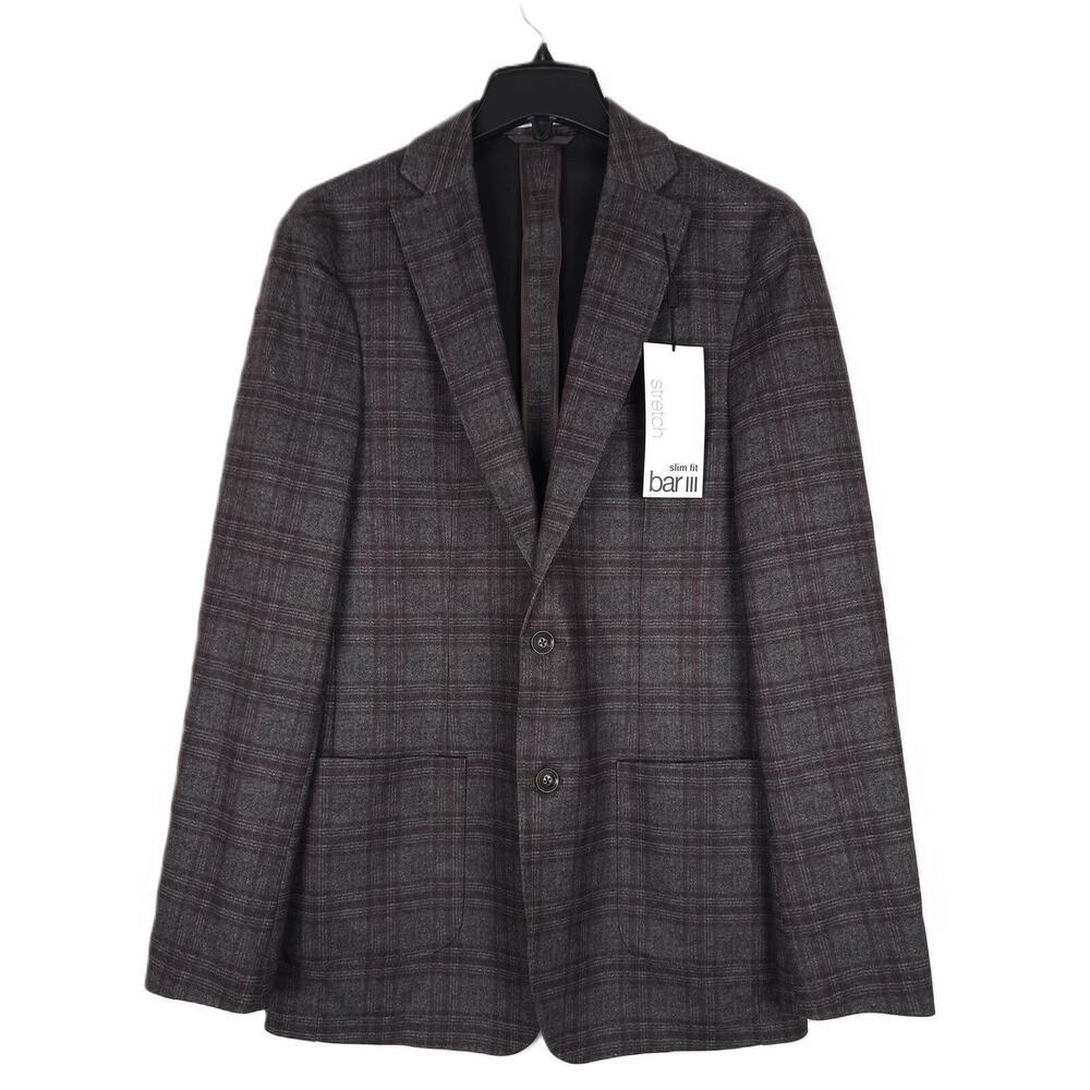 Bar III Mens Slim Fit Sport Coat Blazer 40L Brown Plaid Stretch Knit NWT